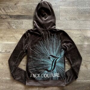 Y2K Juicy Couture Brown Velour Teal Blue Sunburst Rhinestone Jacket Sz Small